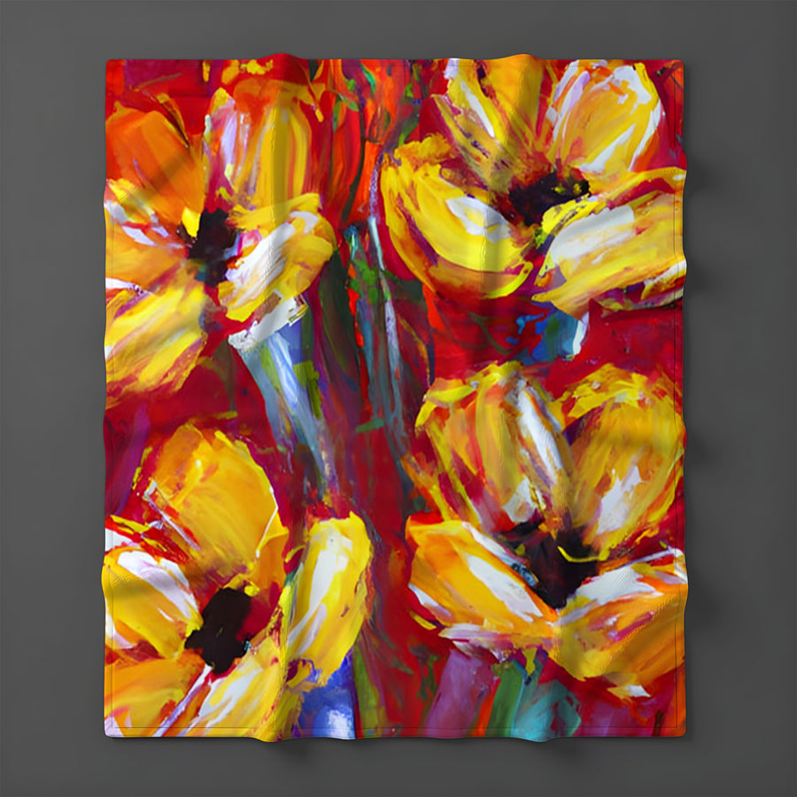 Yellow and Red Floral Garden Artwork Fleece Sherpa Blanket