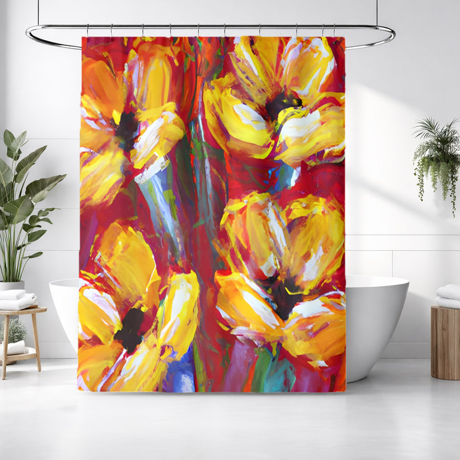 Yellow and Red Floral Garden Artwork Shower Curtain