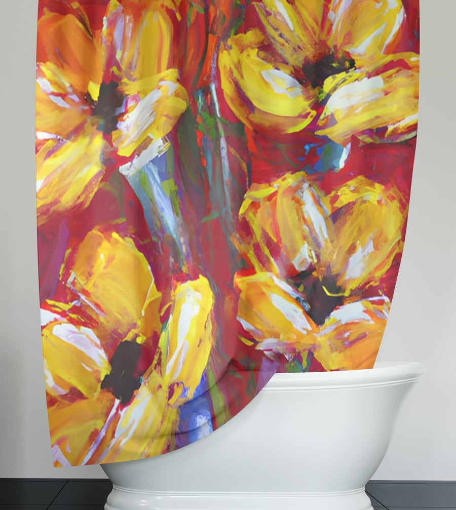 Yellow and Red Floral Garden Artwork Shower Curtain