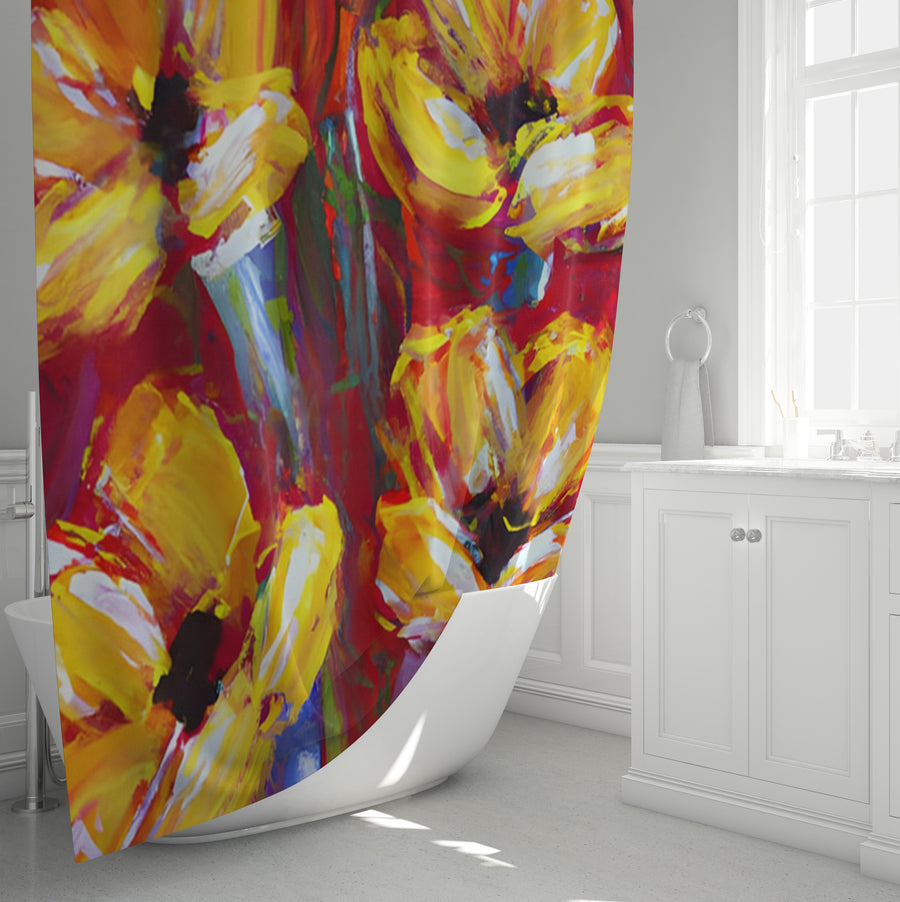 Yellow and Red Floral Garden Artwork Shower Curtain
