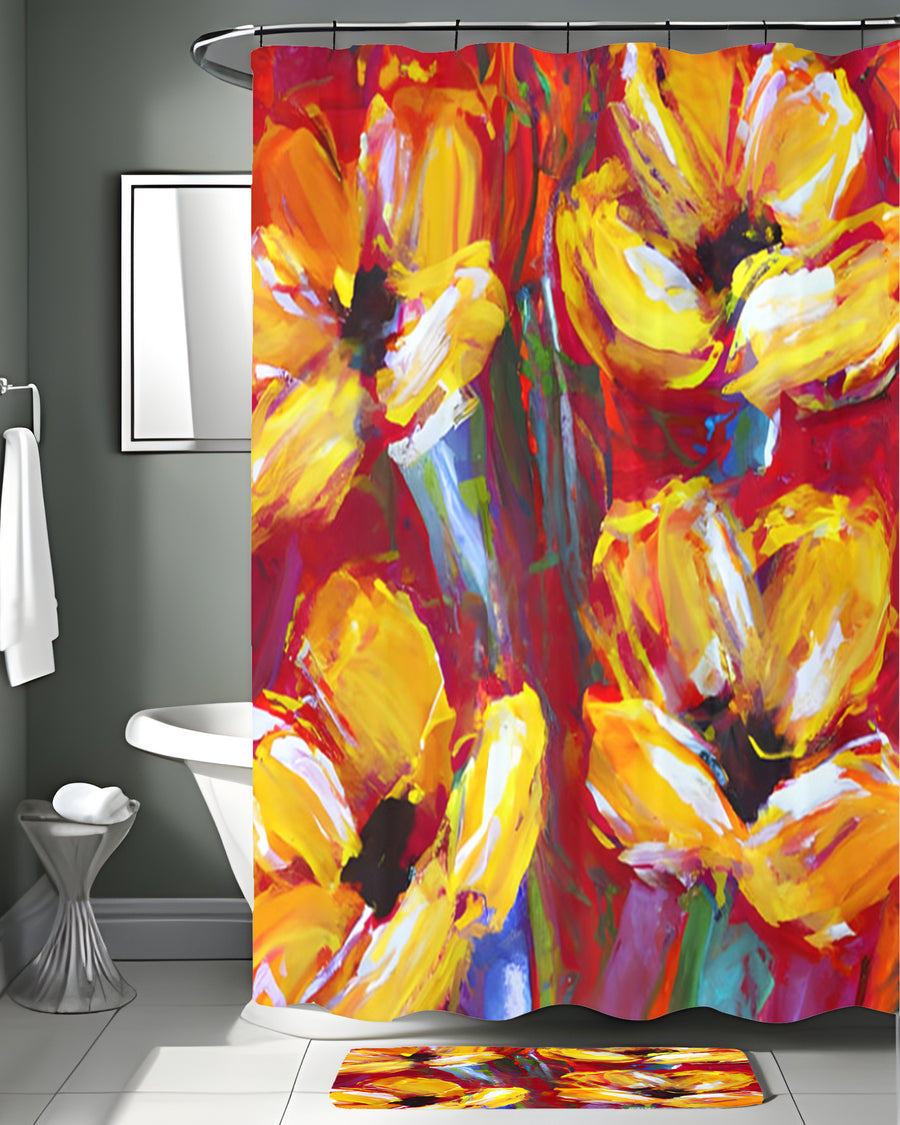 Yellow and Red Floral Garden Artwork Shower Curtain