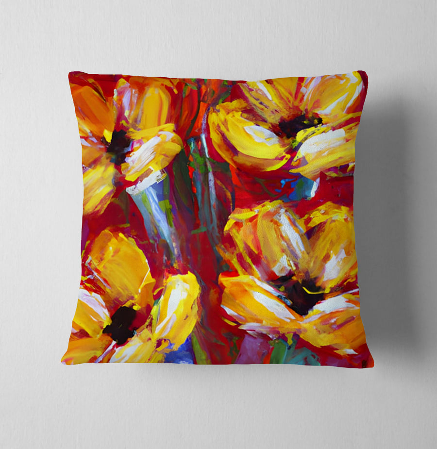 Yellow and Red Floral Garden Artwork Throw Pillow Cover