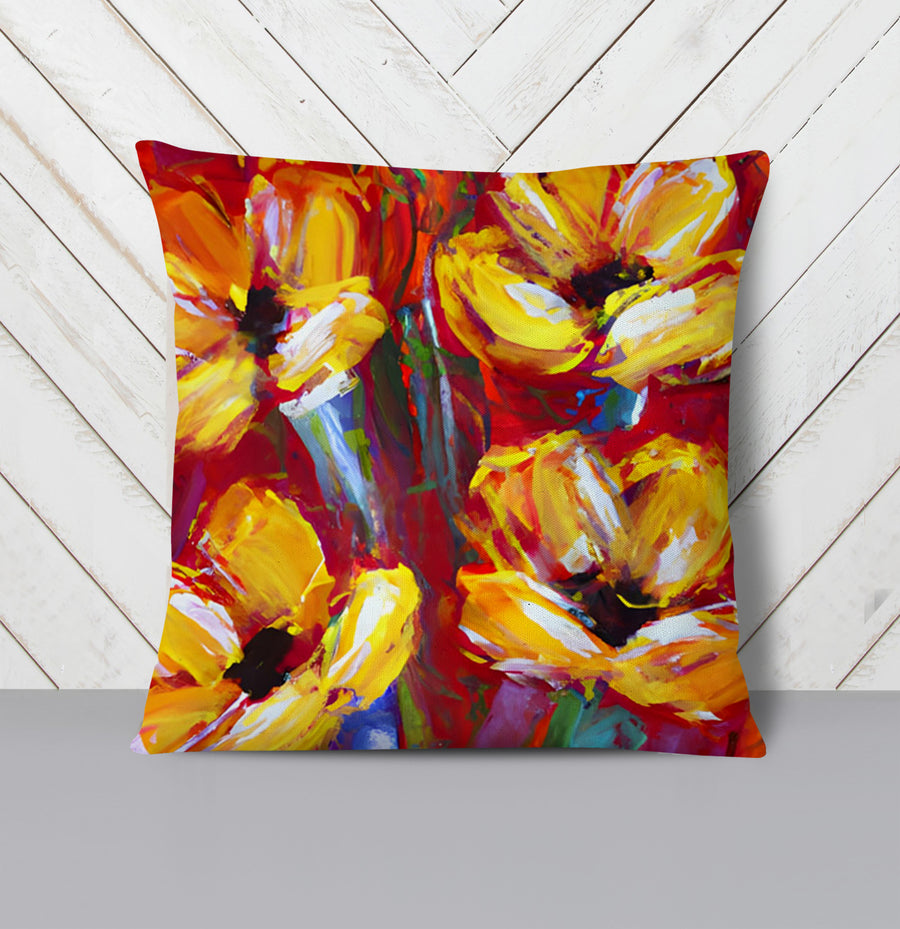 Yellow and Red Floral Garden Artwork Throw Pillow Cover