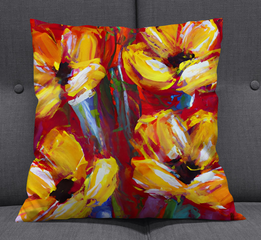 Yellow and Red Floral Garden Artwork Throw Pillow Cover