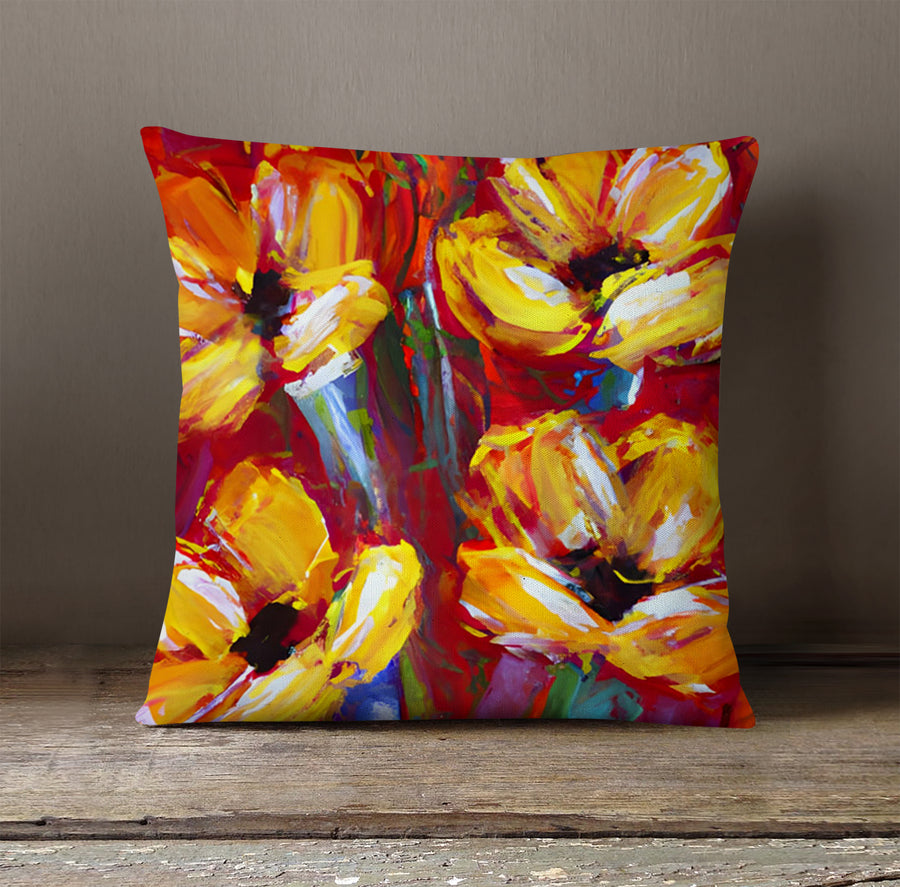 Yellow and Red Floral Garden Artwork Throw Pillow Cover