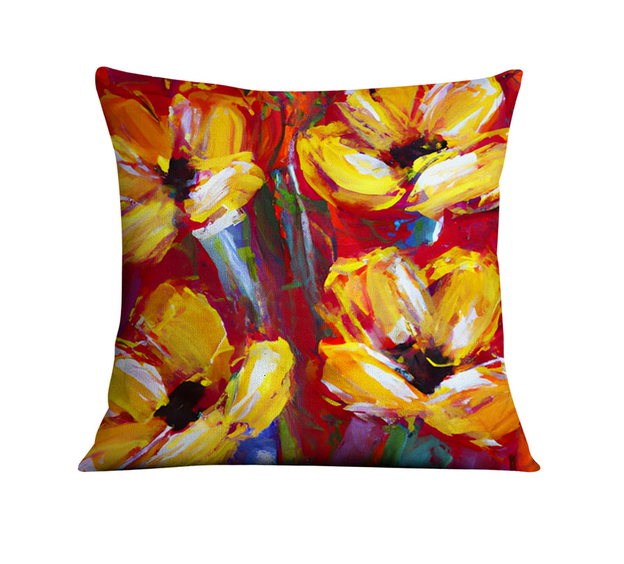 Yellow and Red Floral Garden Artwork Throw Pillow Cover
