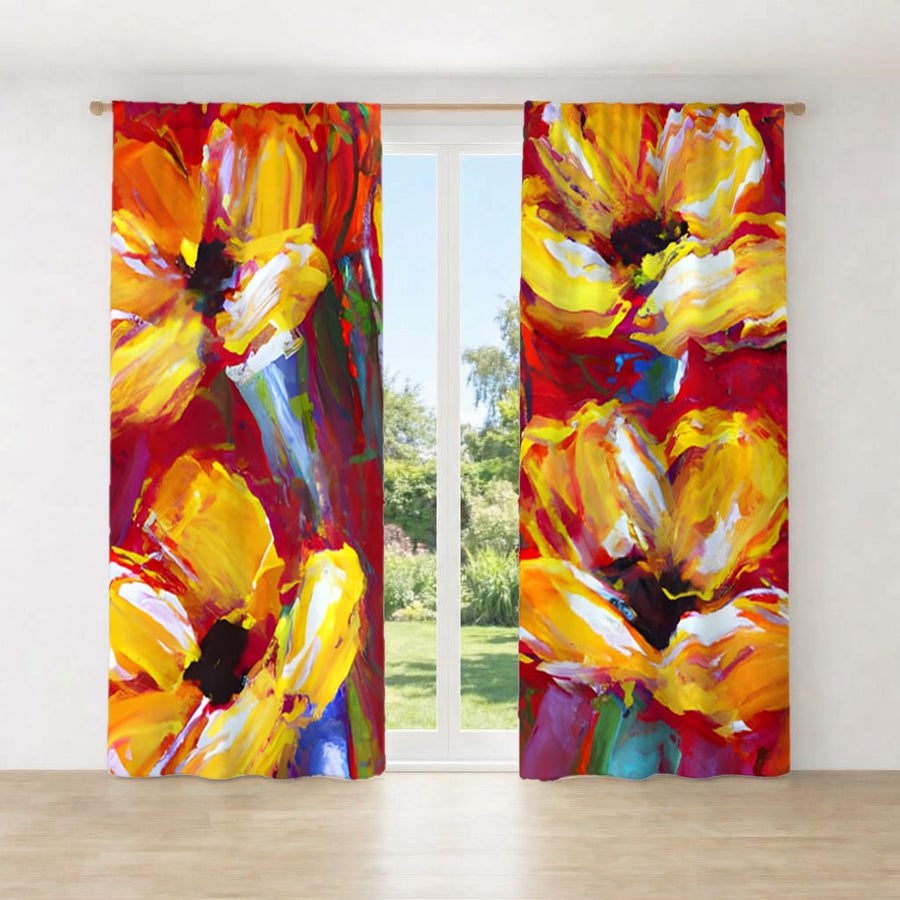 Yellow and Red Floral Garden Artwork Window Curtains