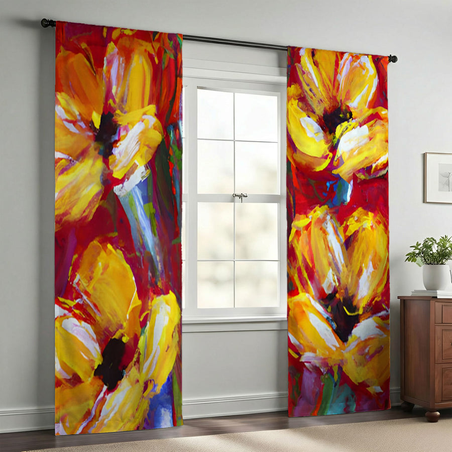 Yellow and Red Floral Garden Artwork Window Curtains