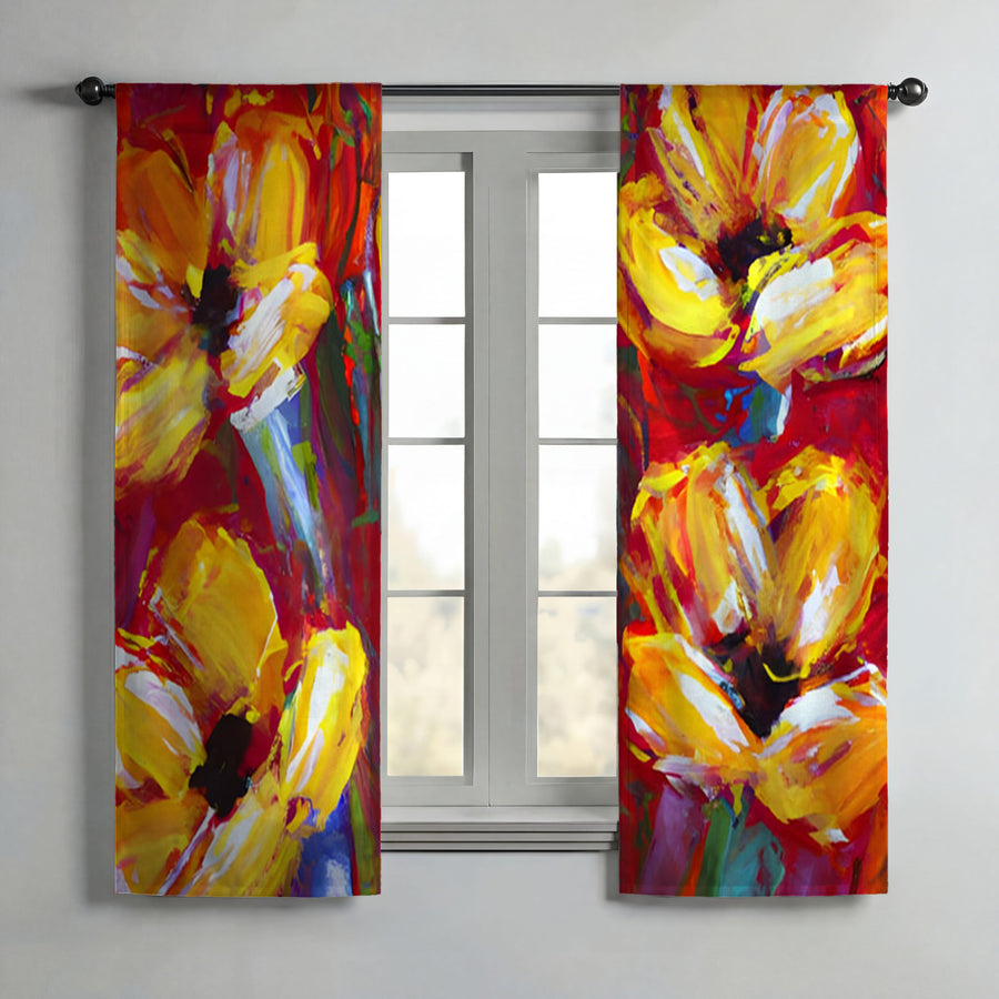 Yellow and Red Floral Garden Artwork Window Curtains