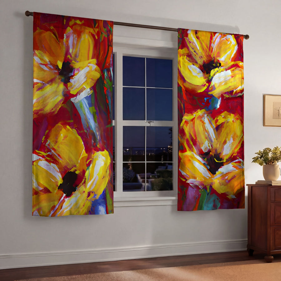 Yellow and Red Floral Garden Artwork Window Curtains