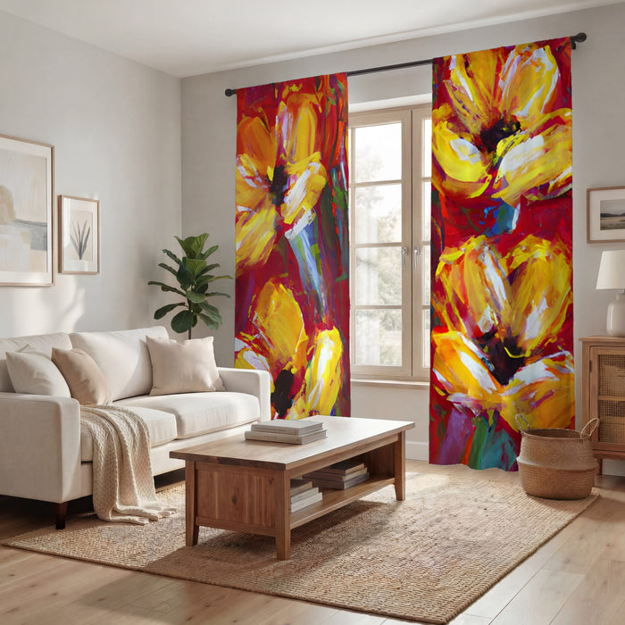 Yellow and Red Floral Garden Artwork Window Curtains