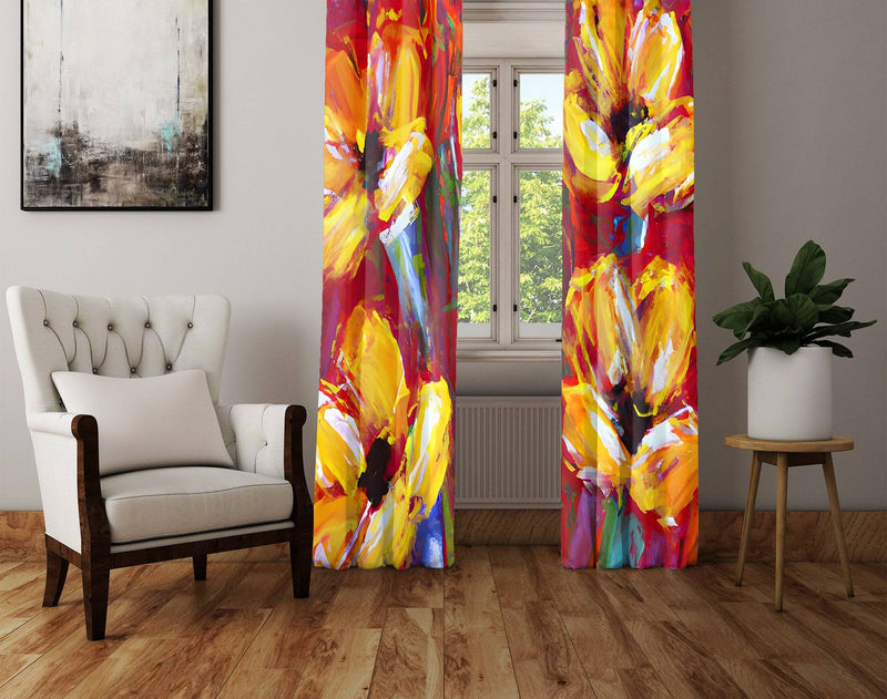 Floral Window Curtains - Red and Yellow Color Large Flower Contemporary Print - Deja Blue Studios