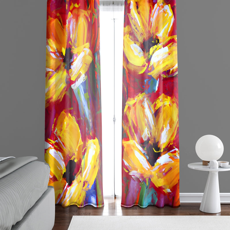 Floral Window Curtains - Red and Yellow Color Large Flower Contemporary Print - Deja Blue Studios