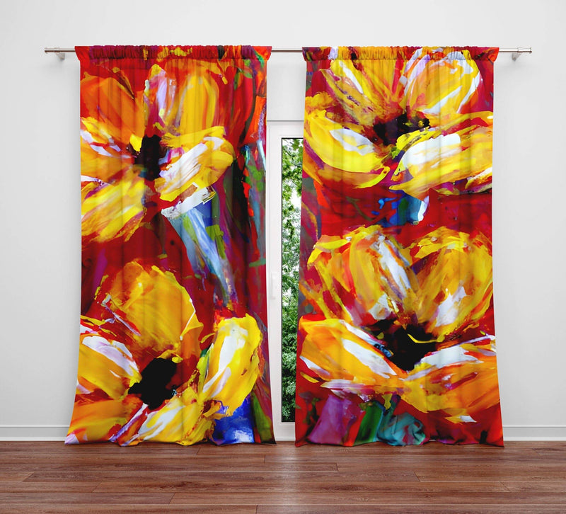 Floral Window Curtains - Red and Yellow Color Large Flower Contemporary Print - Deja Blue Studios
