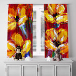 Floral Window Curtains - Red and Yellow Color Large Flower Contemporary Print - Deja Blue Studios
