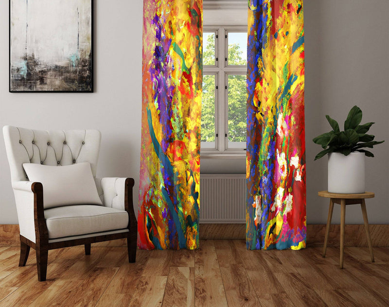Abstract Window Curtains - Yellow and Purple Painted Floral Print - Deja Blue Studios