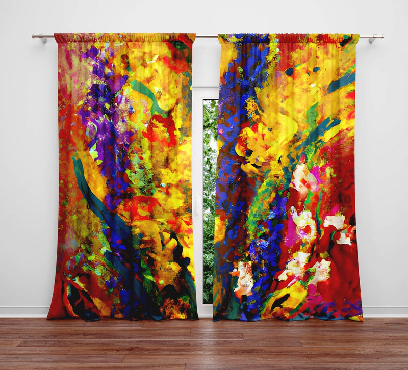 Abstract Window Curtains - Yellow and Purple Painted Floral Print - Deja Blue Studios