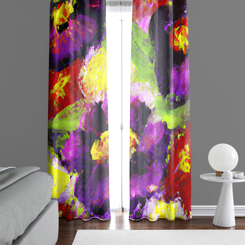 Abstract Window Curtains - Purple and Green Painted Floral Print - Deja Blue Studios
