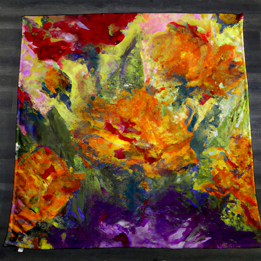 Orange and Purple Floral Abstract Artwork Fleece Sherpa Blanket