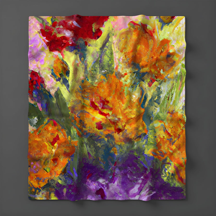 Orange and Purple Floral Abstract Artwork Fleece Sherpa Blanket