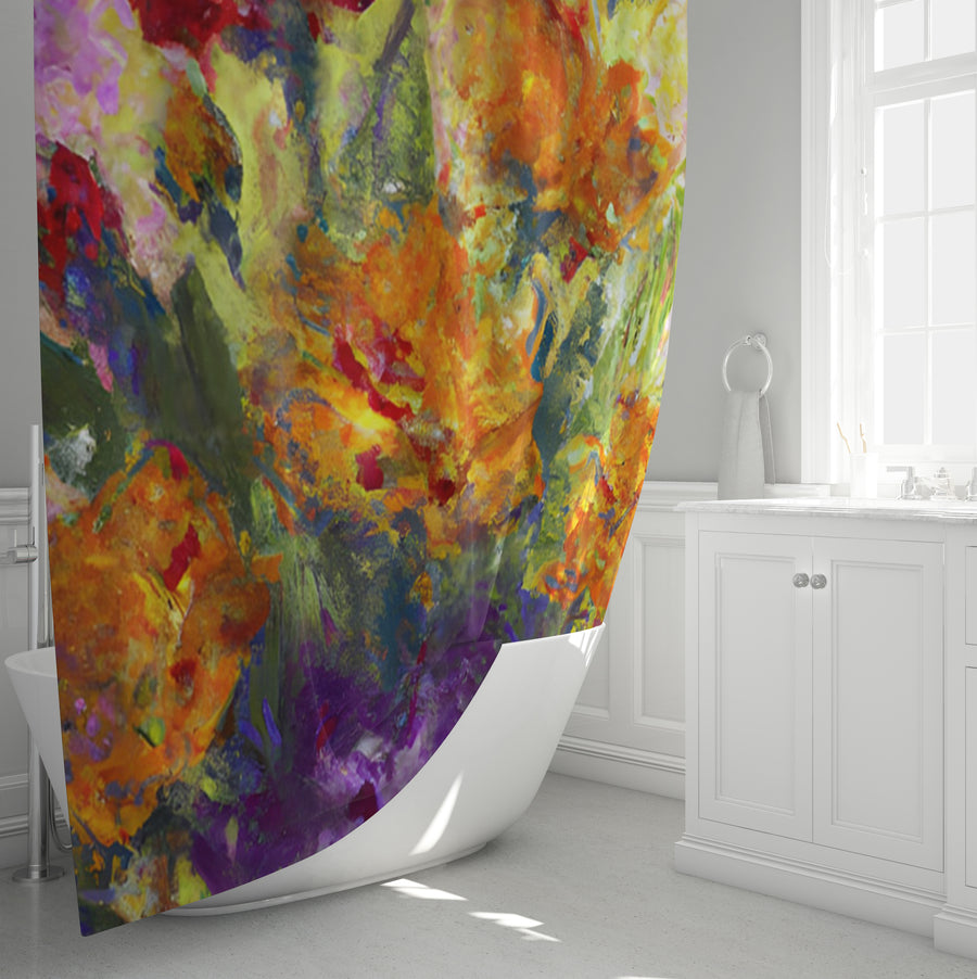 Orange and Purple Floral Abstract Artwork Shower Curtain