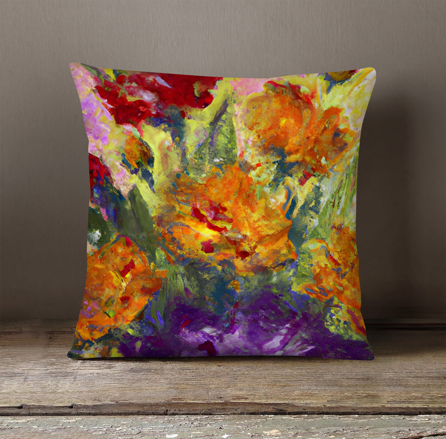Orange and Purple Floral Abstract Artwork Throw Pillow Cover