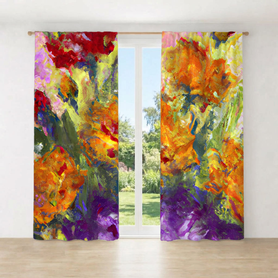 Orange and Purple Floral Abstract Artwork Window Curtains