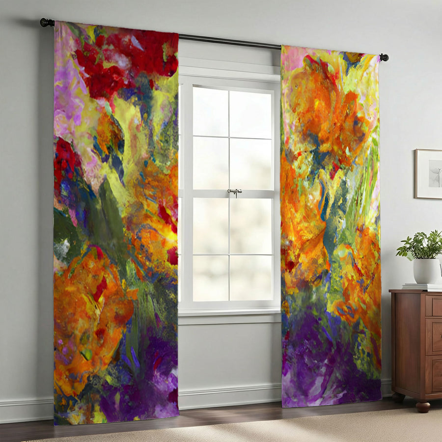 Orange and Purple Floral Abstract Artwork Window Curtains