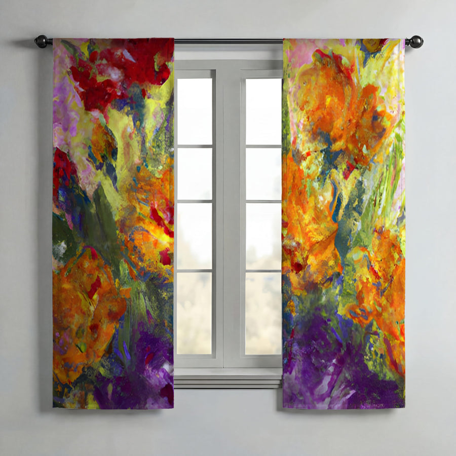 Orange and Purple Floral Abstract Artwork Window Curtains