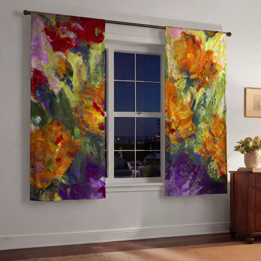 Orange and Purple Floral Abstract Artwork Window Curtains