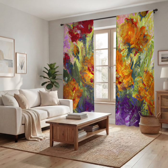 Orange and Purple Floral Abstract Artwork Window Curtains