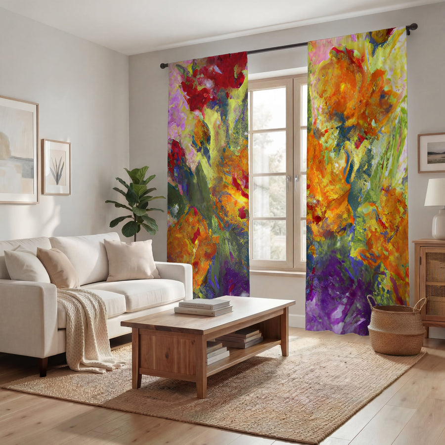 Orange and Purple Floral Abstract Artwork Window Curtains