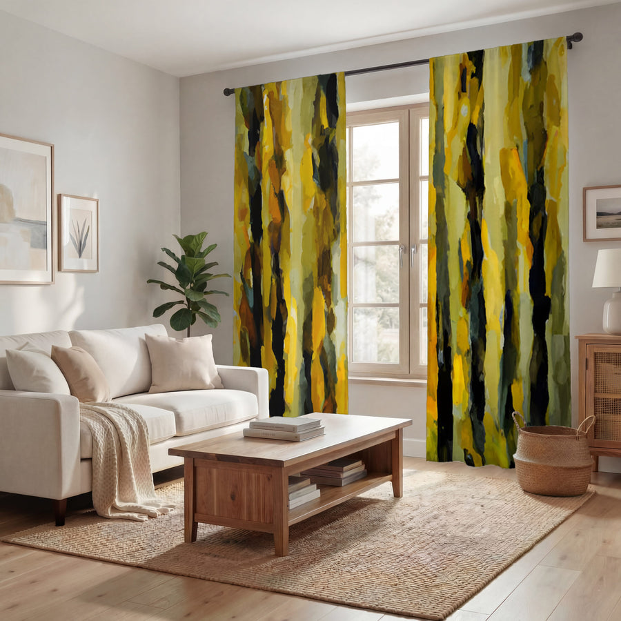 Black and Yellow Vertical Stripe Texture Pattern Window Curtain