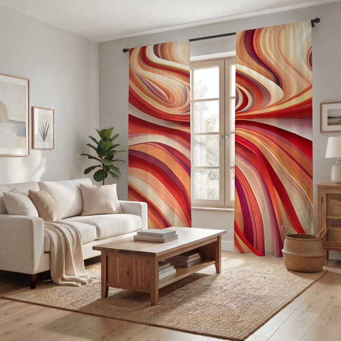 Red and Beige Marble Flow Pattern Window Curtains