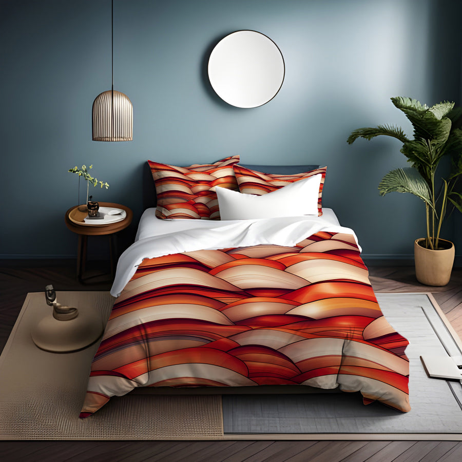 Red Scalloped Wave Geometric Pattern Duvet Cover