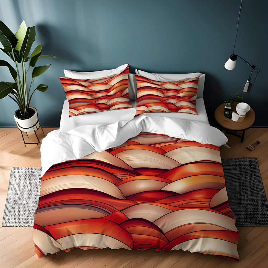 Red Scalloped Wave Geometric Pattern Duvet Cover