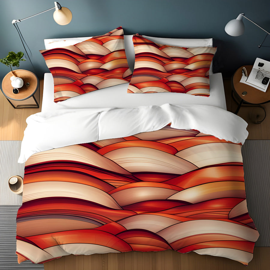 Red Scalloped Wave Geometric Pattern Duvet Cover