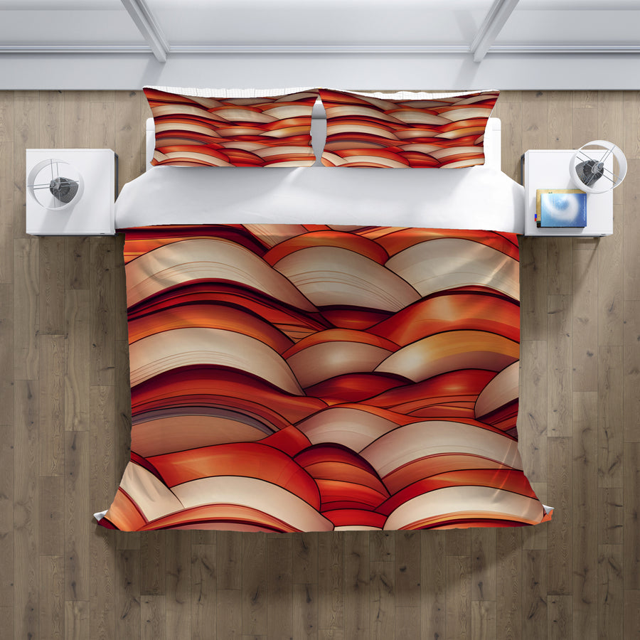 Red Scalloped Wave Geometric Pattern Duvet Cover