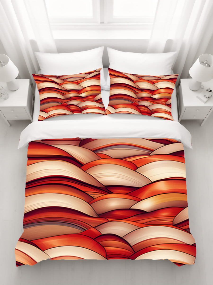 Red Scalloped Wave Geometric Pattern Duvet Cover