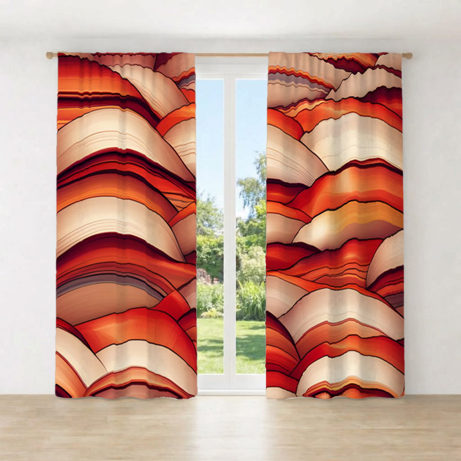Red Scalloped Wave Geometric Pattern Window Curtain