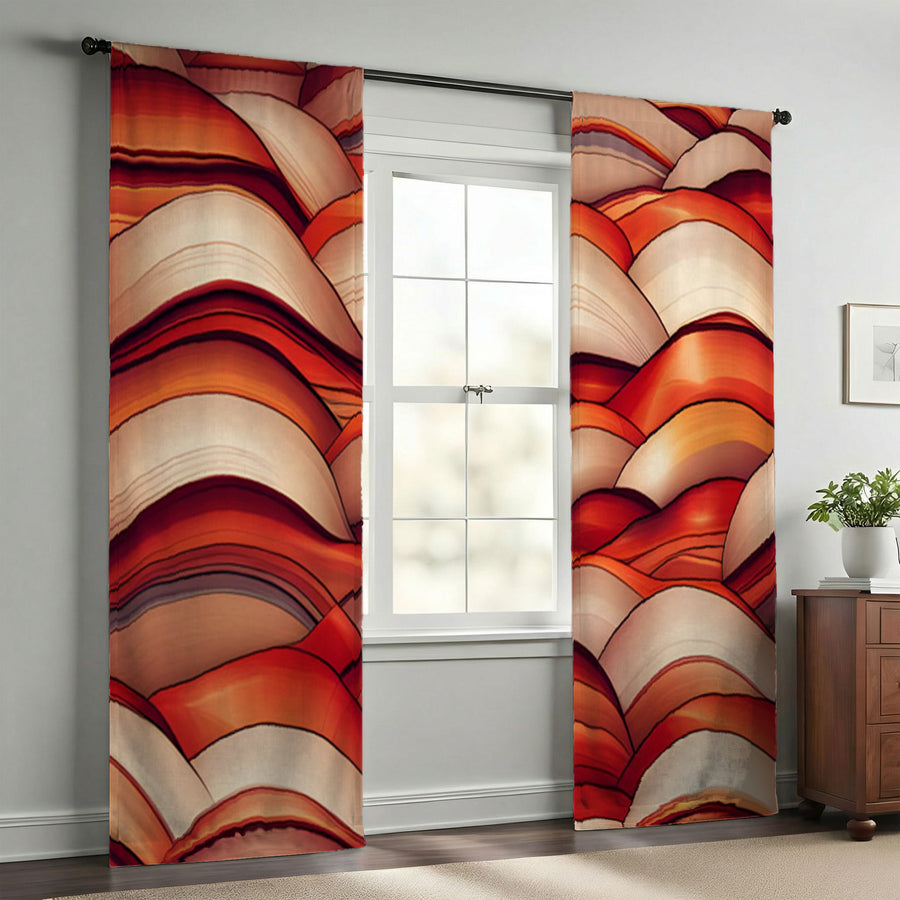 Red Scalloped Wave Geometric Pattern Window Curtain