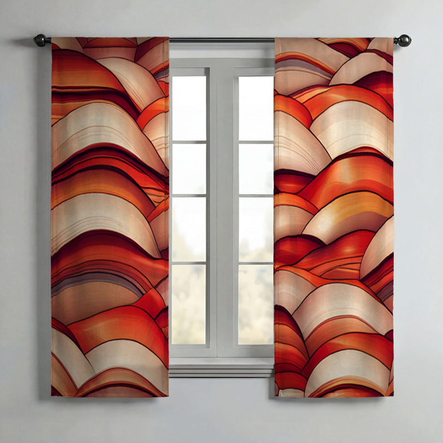 Red Scalloped Wave Geometric Pattern Window Curtain