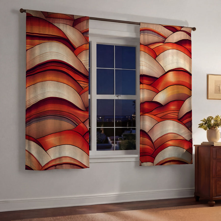 Red Scalloped Wave Geometric Pattern Window Curtain