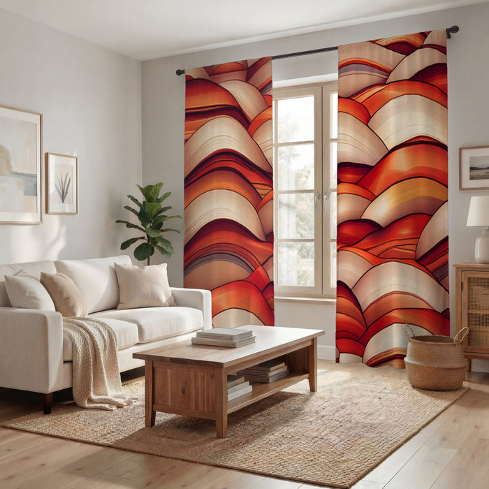 Red Scalloped Wave Geometric Pattern Window Curtain