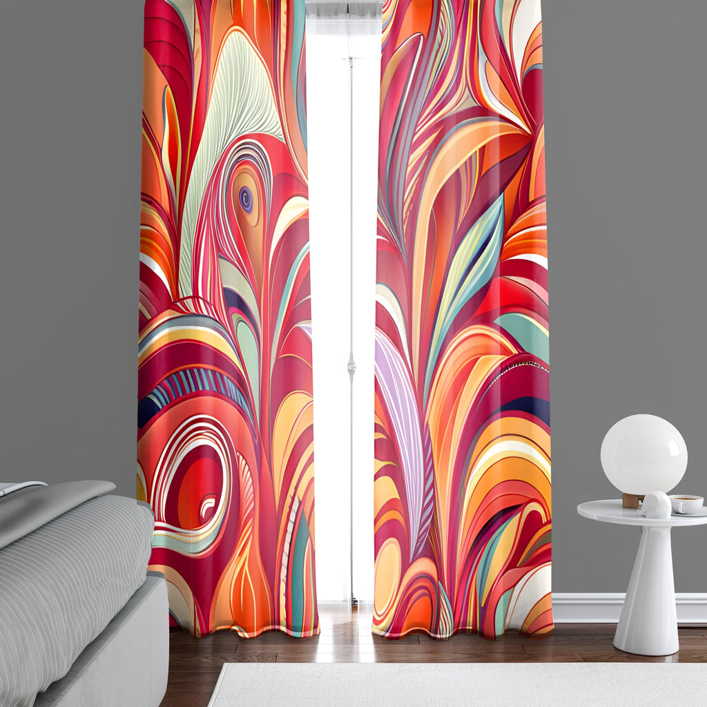 Bohemian Swirl Window Curtains - Red and Purple Abstract Color Swirl Print - Deja Blue Studios