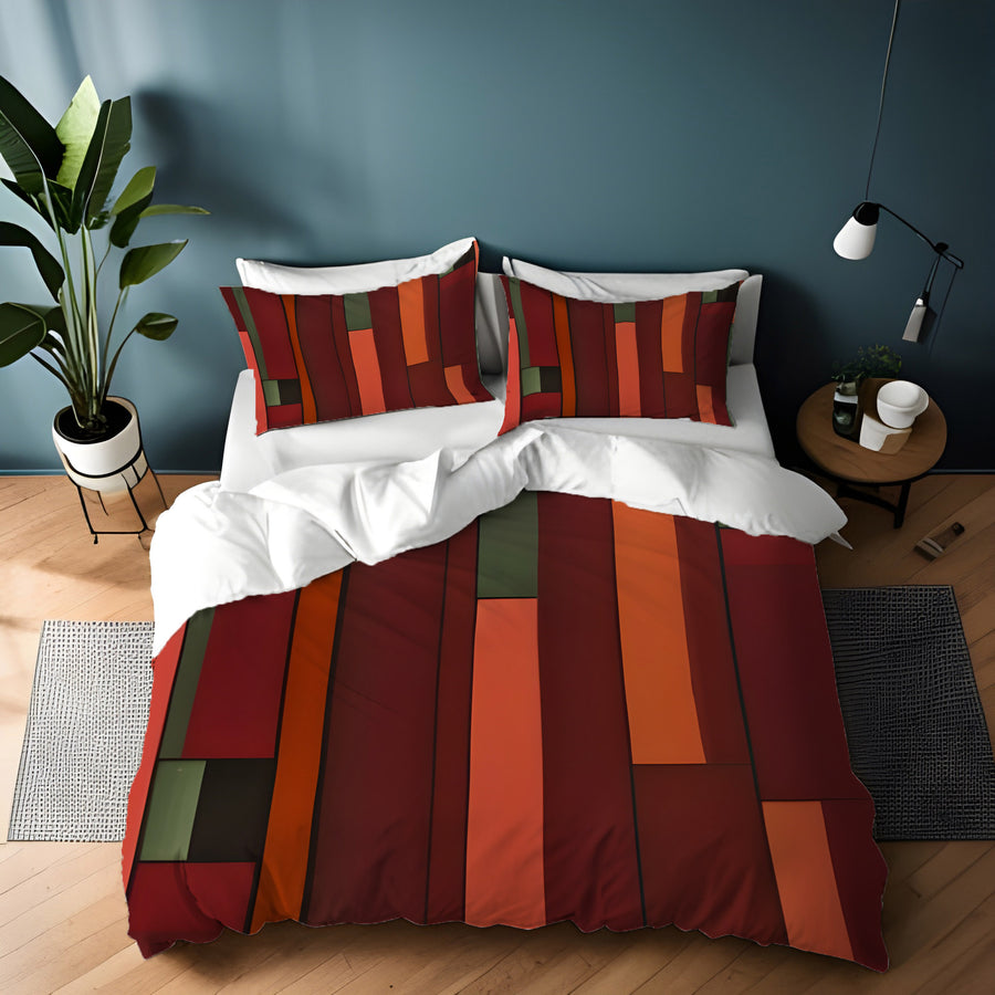 Red Geometric Stripe Block Pattern Duvet Cover