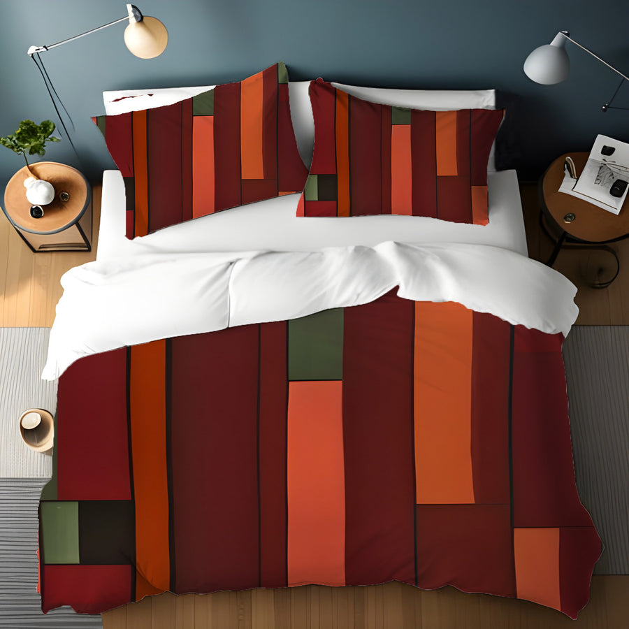 Red Geometric Stripe Block Pattern Duvet Cover