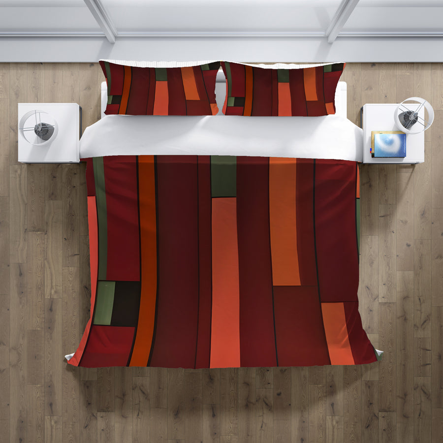 Red Geometric Stripe Block Pattern Duvet Cover