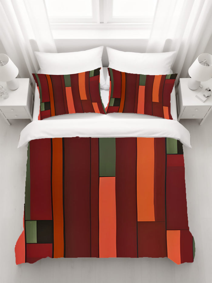 Red Geometric Stripe Block Pattern Duvet Cover