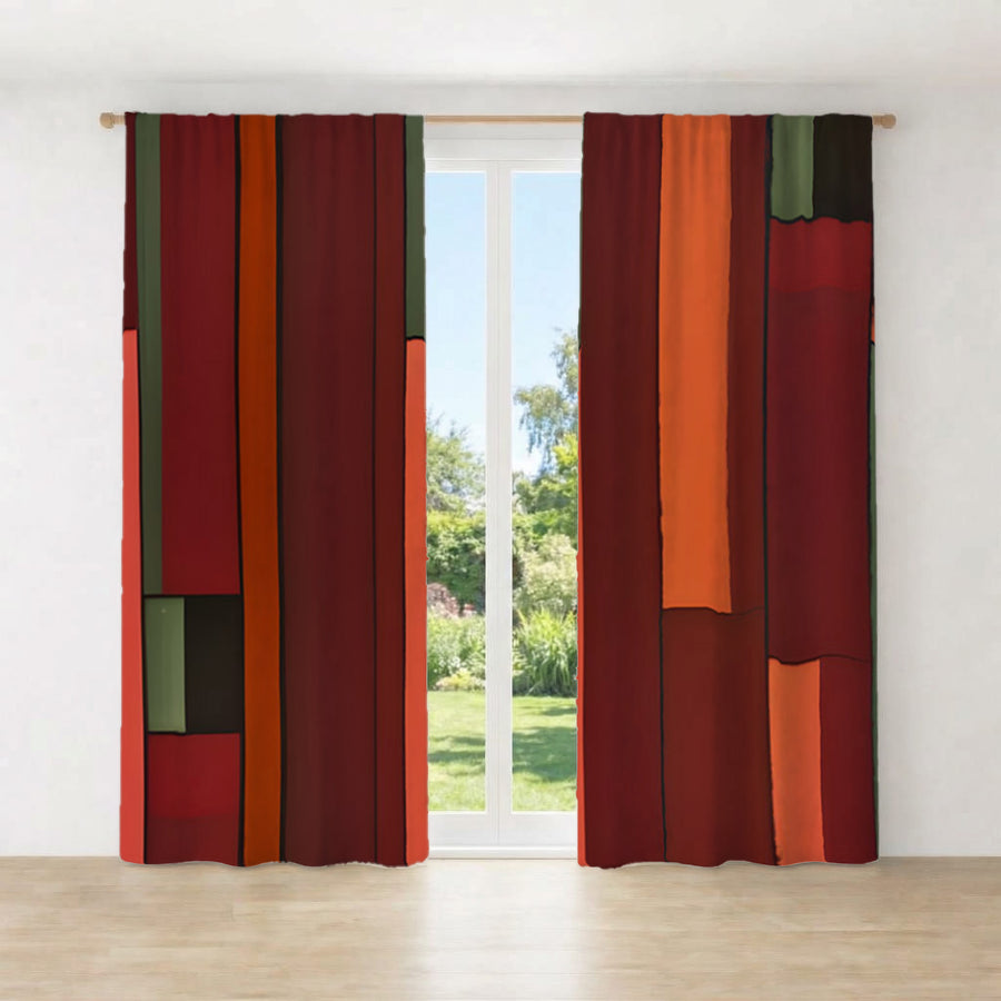 Red Geometric Stripe Block Pattern Window Curtains